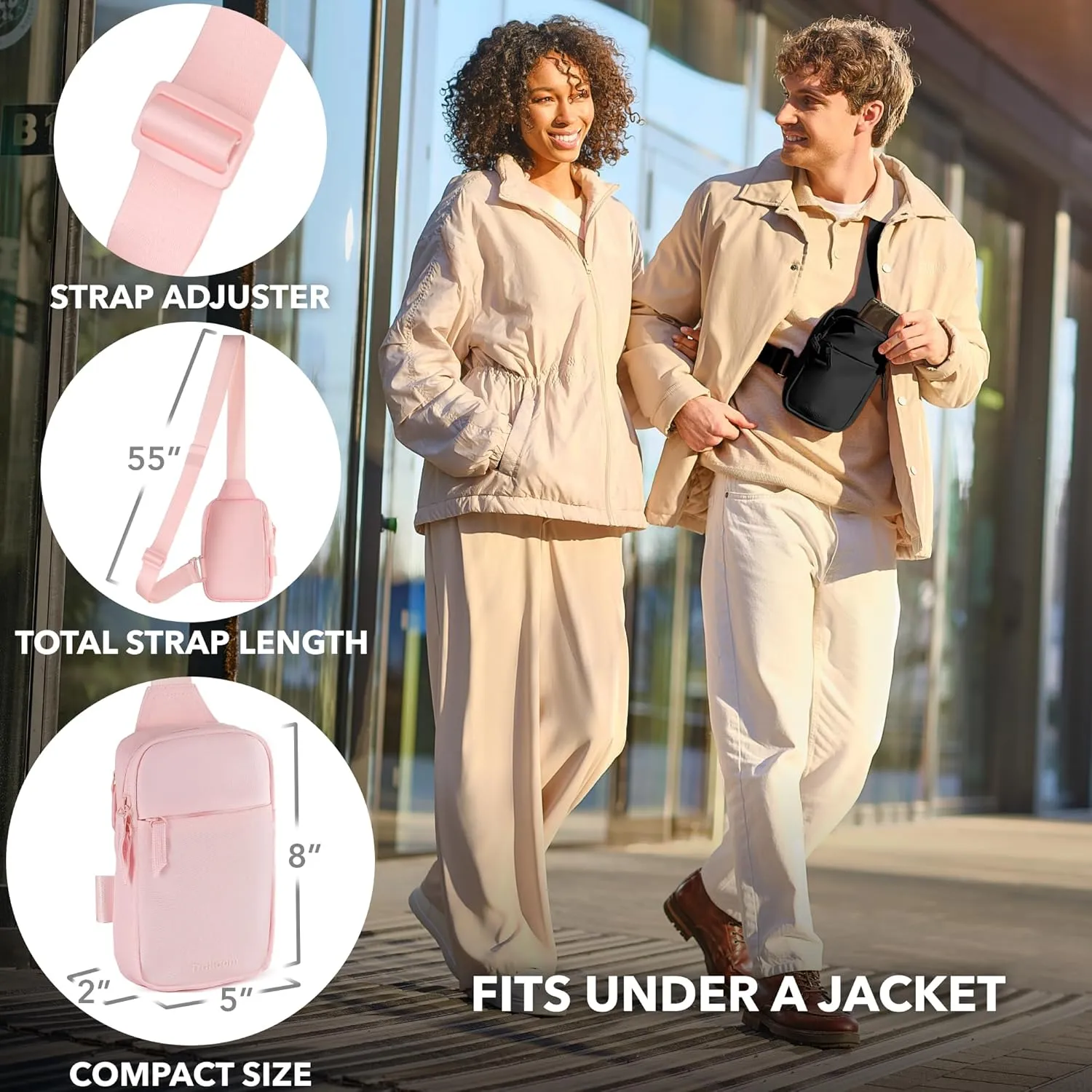 Mini Sling Bag Crossbody Fanny Pack Men & Women - Switchable Strap, RFID Blocking, Water-Repellent,Hidden Pocket - Chest Purse for Travel, EDC, Phone Holder, Small Shoulder pouch(Pink)