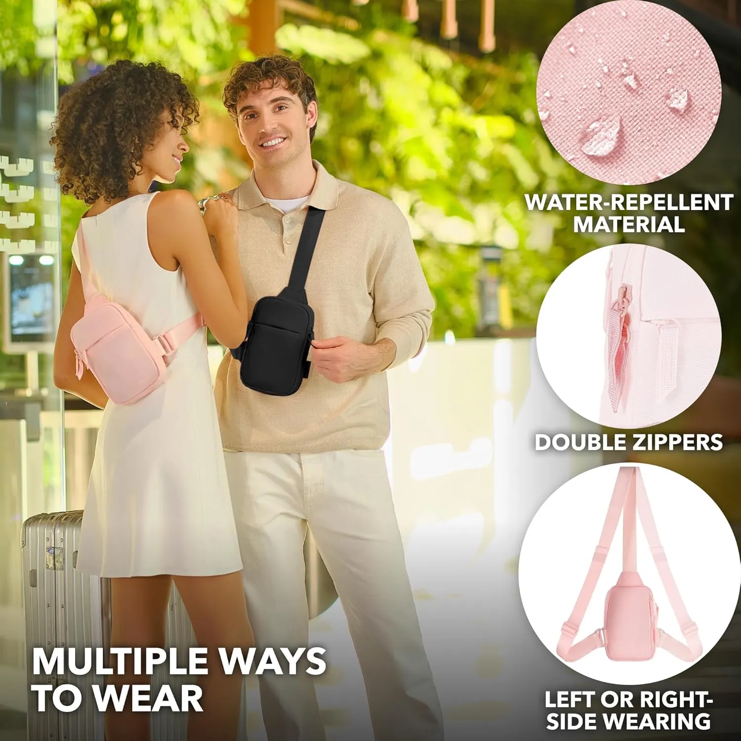 Mini Sling Bag Crossbody Fanny Pack Men & Women - Switchable Strap, RFID Blocking, Water-Repellent,Hidden Pocket - Chest Purse for Travel, EDC, Phone Holder, Small Shoulder pouch(Pink)