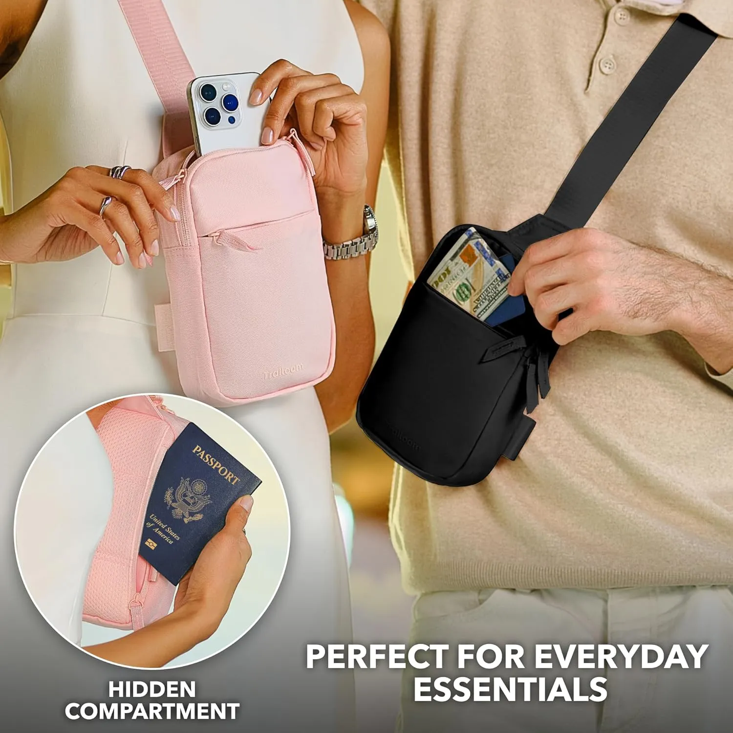 Mini Sling Bag Crossbody Fanny Pack Men & Women - Switchable Strap, RFID Blocking, Water-Repellent,Hidden Pocket - Chest Purse for Travel, EDC, Phone Holder, Small Shoulder pouch(Pink)