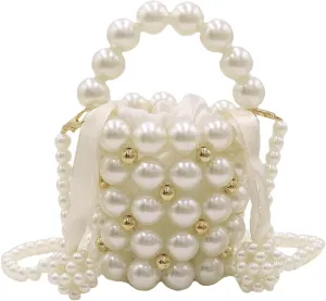 Mini White Pearl Purse for Girls Women Pearl Crossbody Handbag Shoulder Bag Beaded Clutch for Party