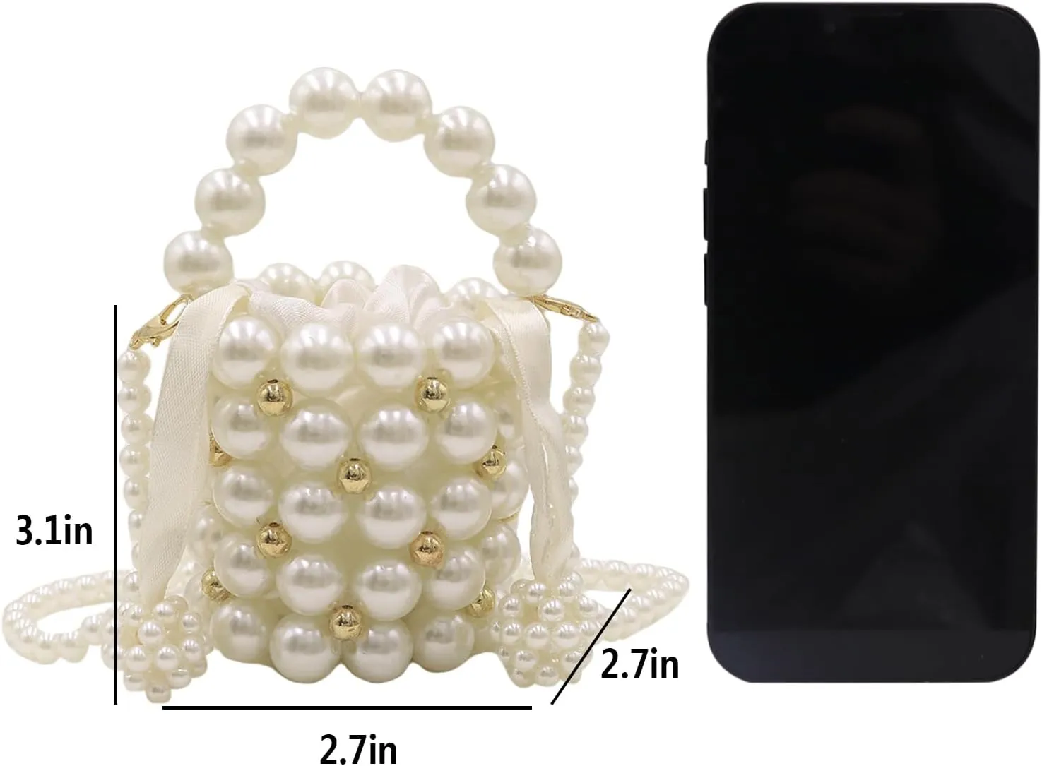 Mini White Pearl Purse for Girls Women Pearl Crossbody Handbag Shoulder Bag Beaded Clutch for Party