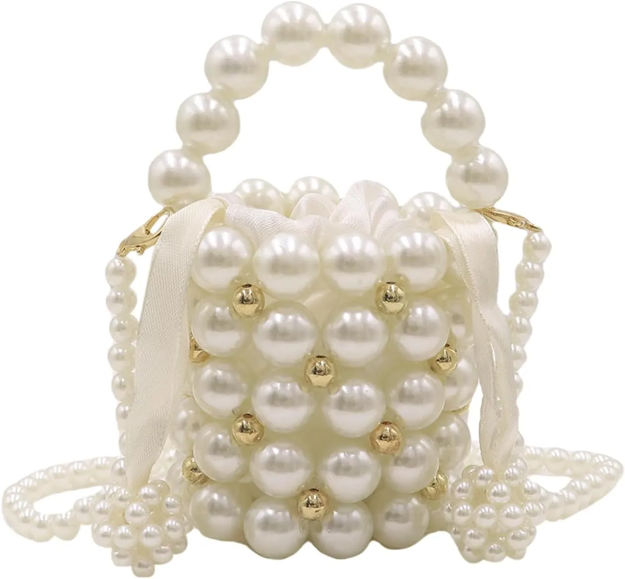 Mini White Pearl Purse for Girls Women Pearl Crossbody Handbag Shoulder Bag Beaded Clutch for Party