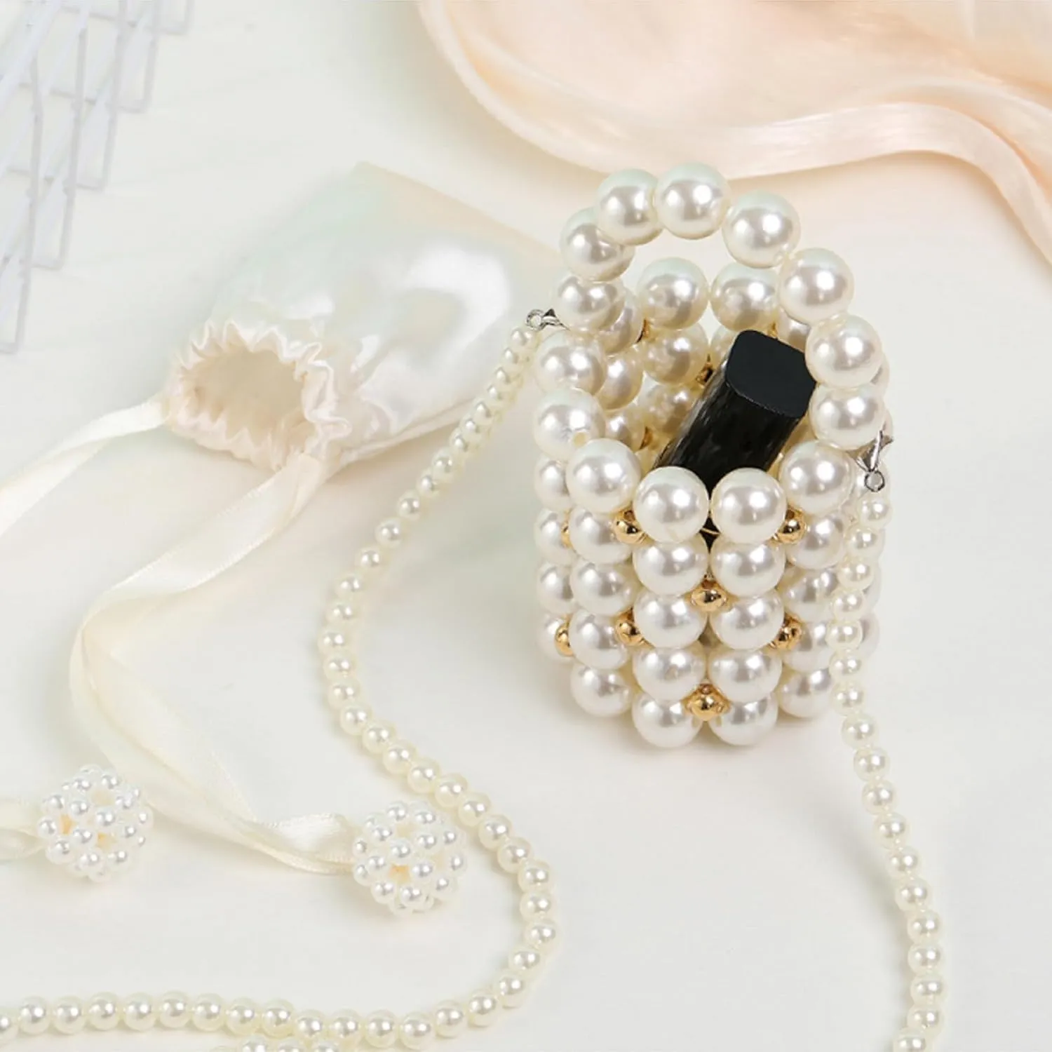 Mini White Pearl Purse for Girls Women Pearl Crossbody Handbag Shoulder Bag Beaded Clutch for Party