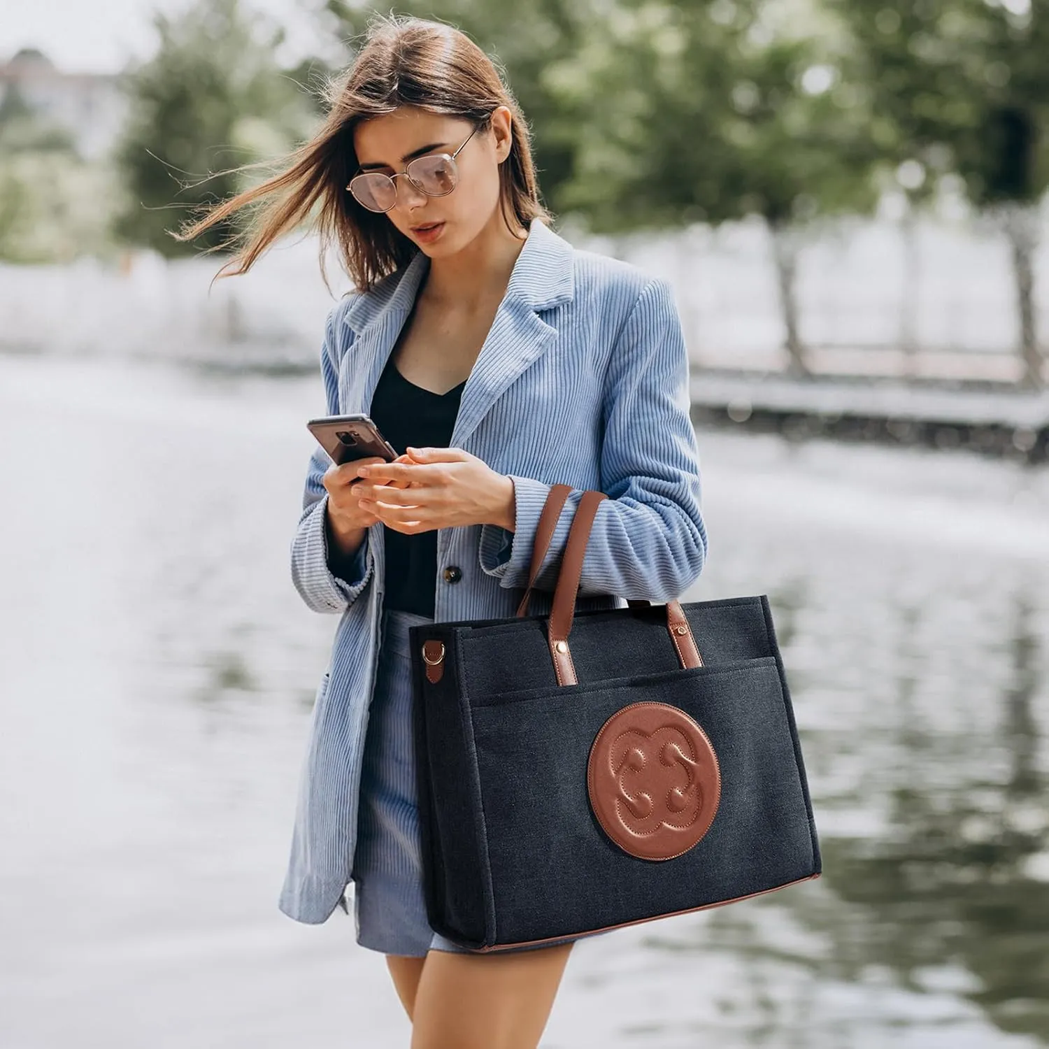 Missnine Denim Tote Bag for Women - Casual & Work - 15.6 inch Shoulder Bag for Office & Business