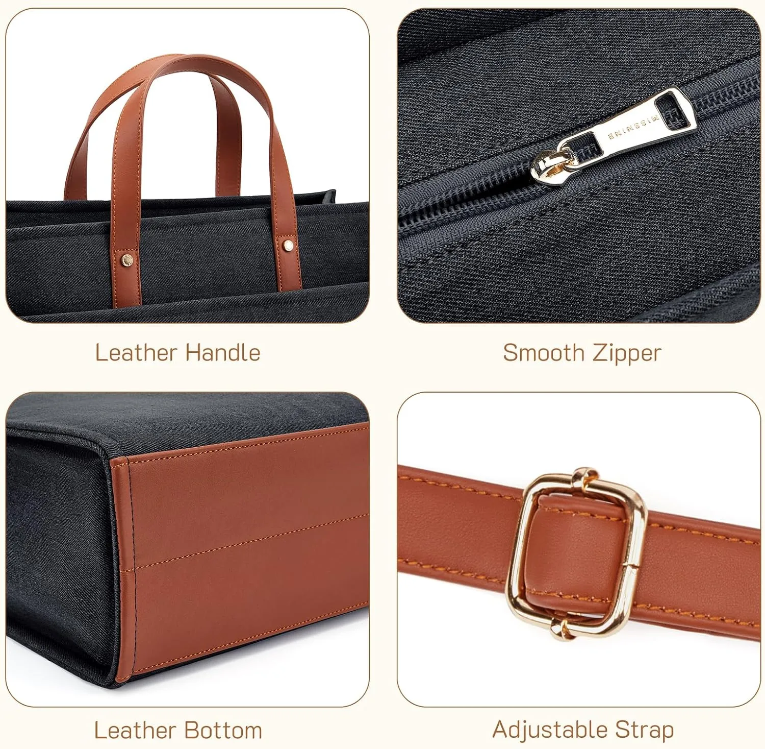 Missnine Denim Tote Bag for Women - Casual & Work - 15.6 inch Shoulder Bag for Office & Business