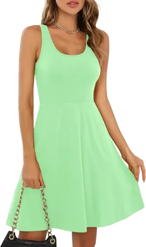 Missufe Women's Sleeveless Racerback Flared Casual Plain Tank Dress