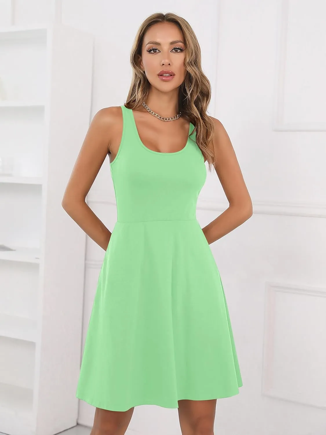 Missufe Women's Sleeveless Racerback Flared Casual Plain Tank Dress