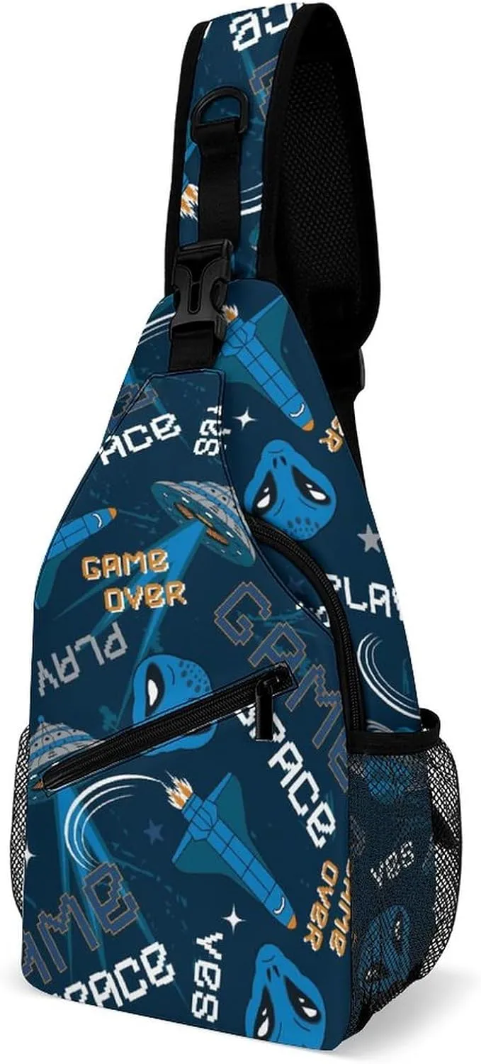 MoBlinko Sling Bag Cartoon Space Alien Women Men Crossbody Bag Game Adjustable Sling Backpack Chest Bag for Hiking