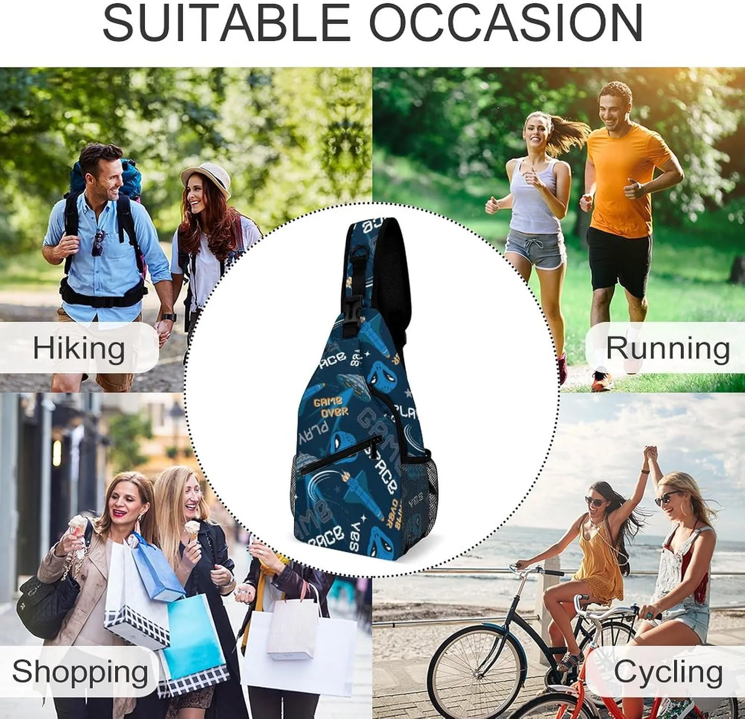 MoBlinko Sling Bag Cartoon Space Alien Women Men Crossbody Bag Game Adjustable Sling Backpack Chest Bag for Hiking