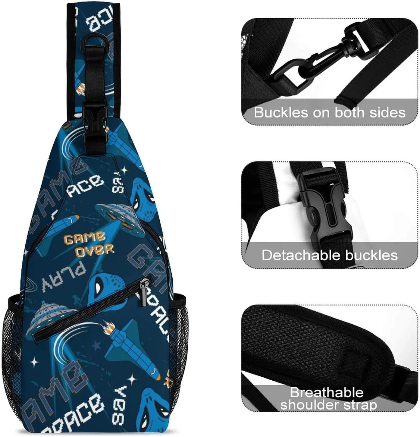MoBlinko Sling Bag Cartoon Space Alien Women Men Crossbody Bag Game Adjustable Sling Backpack Chest Bag for Hiking