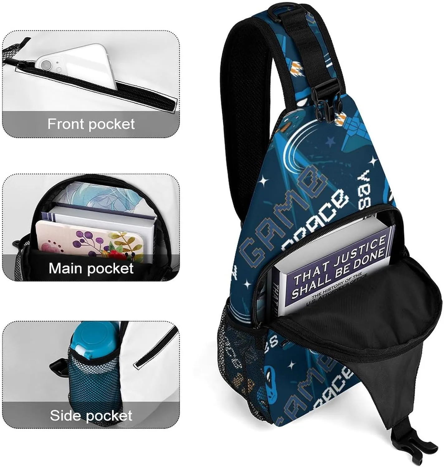 MoBlinko Sling Bag Cartoon Space Alien Women Men Crossbody Bag Game Adjustable Sling Backpack Chest Bag for Hiking