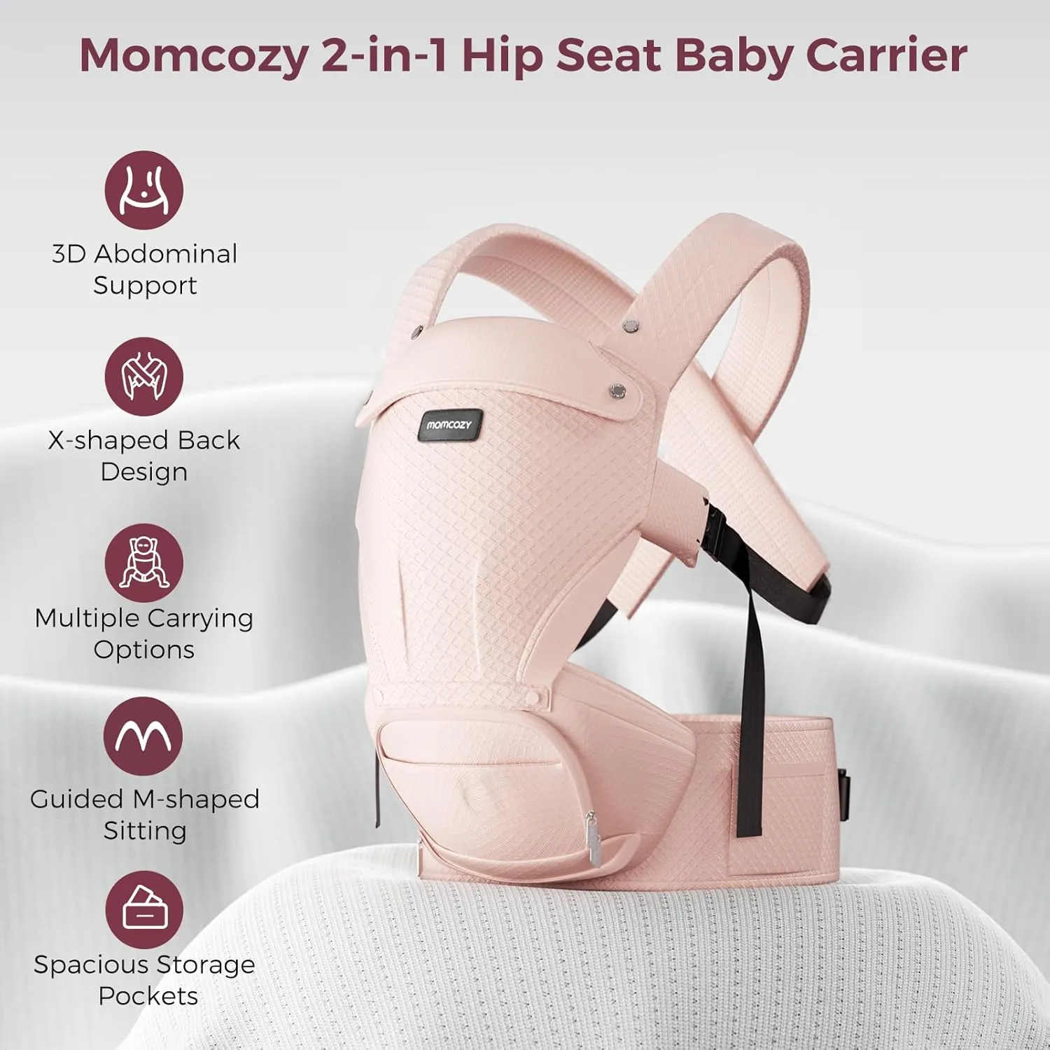 Momcozy Baby Carrier with Hip Seat, 2-in-1 Forward-Facing Carry for Active Babies, Detachable Hands-Free Carrier up to 44lbs, Breathable Infant Carrier Fits Waist Sizes up to 47 Inches, AirMesh Pink