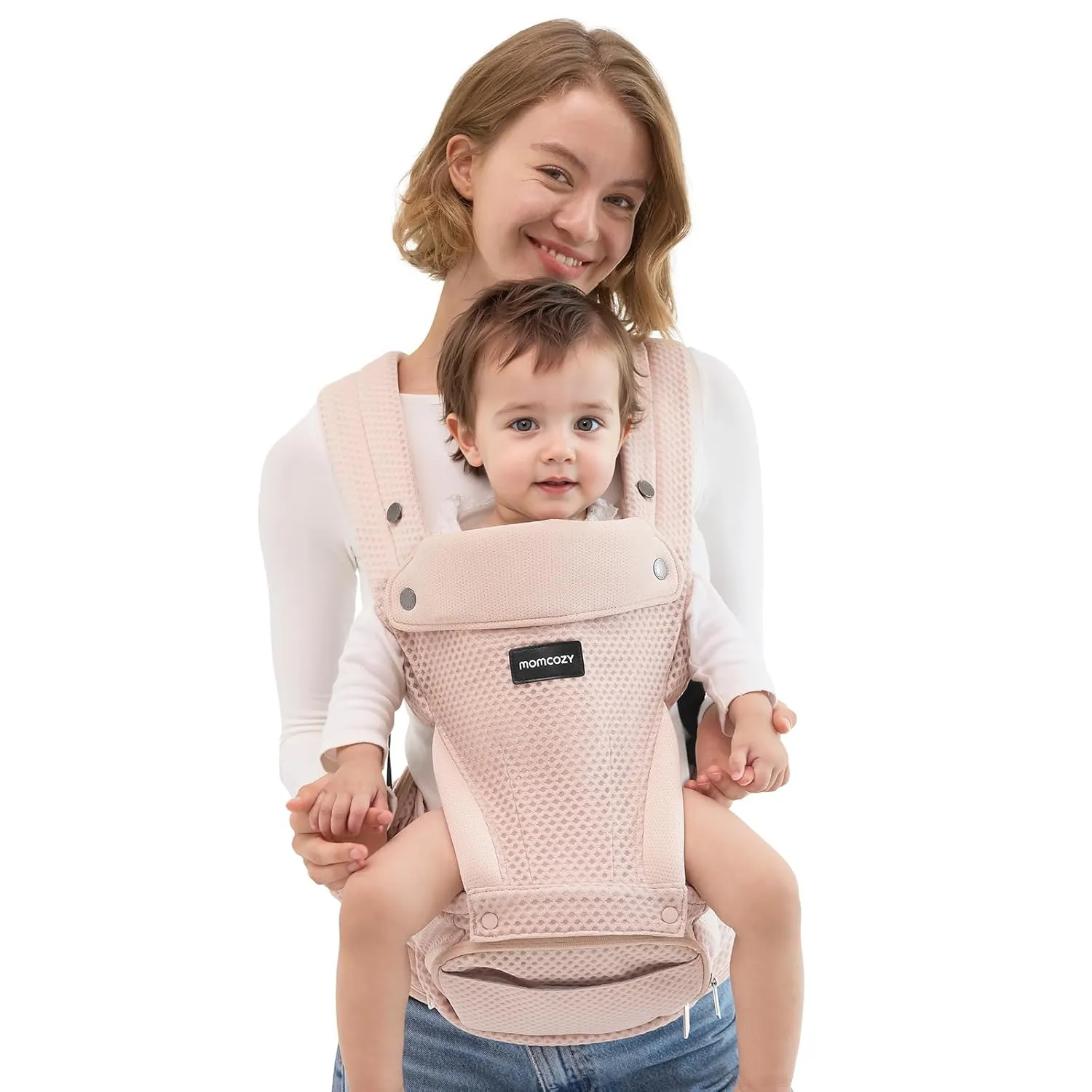 Momcozy Baby Carrier with Hip Seat, 2-in-1 Forward-Facing Carry for Active Babies, Detachable Hands-Free Carrier up to 44lbs, Breathable Infant Carrier Fits Waist Sizes up to 47 Inches, AirMesh Pink