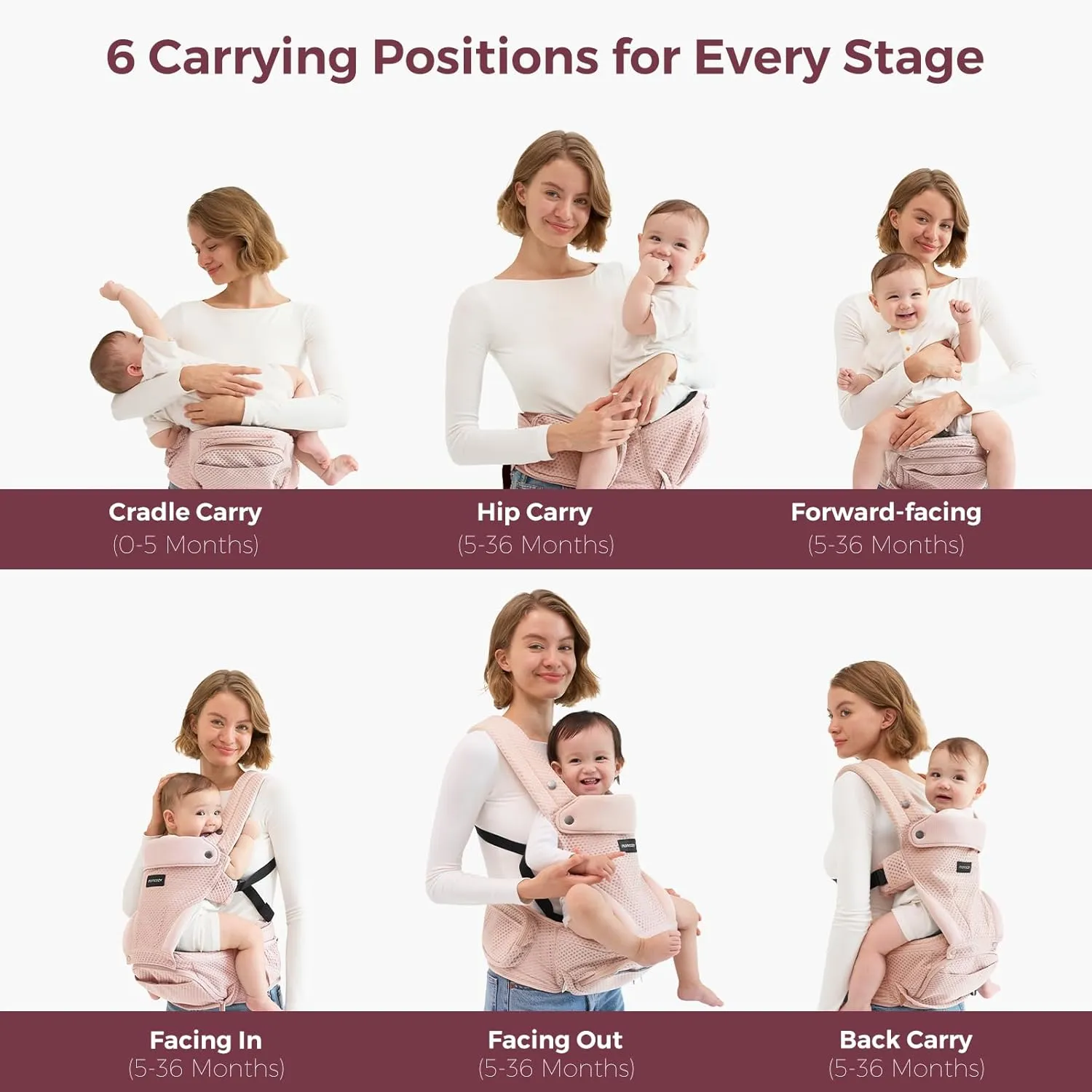 Momcozy Baby Carrier with Hip Seat, 2-in-1 Forward-Facing Carry for Active Babies, Detachable Hands-Free Carrier up to 44lbs, Breathable Infant Carrier Fits Waist Sizes up to 47 Inches, AirMesh Pink