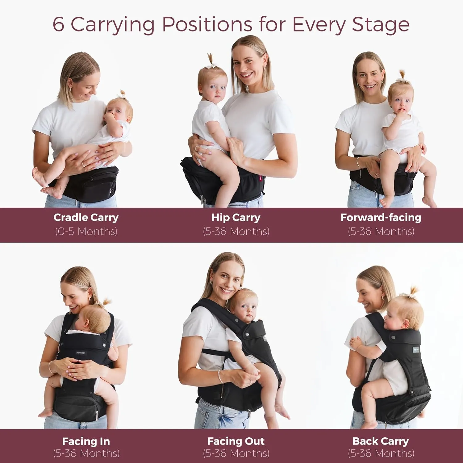 Momcozy Baby Carrier with Hip Seat, 2-in-1 Forward-Facing Carry for Active Babies, Detachable Hands-Free Infant Carrier up to 44lbs, All Seasons Toddler Carrier Fits Waist Sizes up to 47 Inches, Black