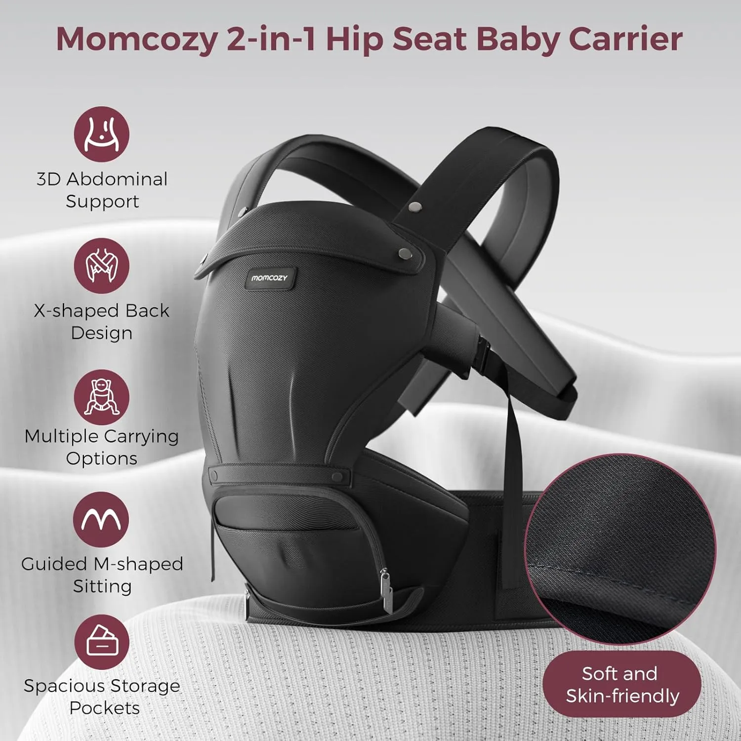 Momcozy Baby Carrier with Hip Seat, 2-in-1 Forward-Facing Carry for Active Babies, Detachable Hands-Free Infant Carrier up to 44lbs, All Seasons Toddler Carrier Fits Waist Sizes up to 47 Inches, Black