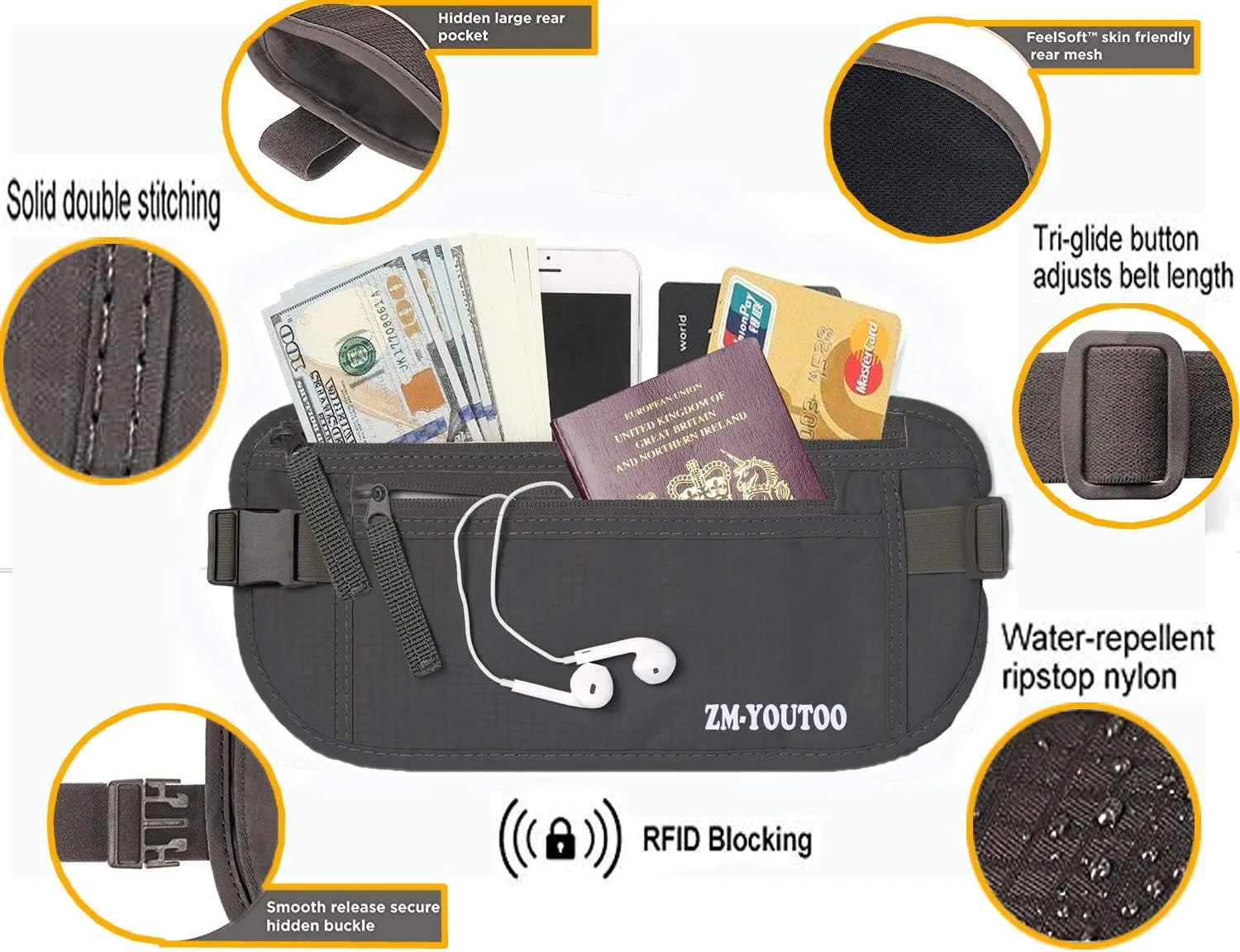 Money Belt for Travel - Hidden Travel Pouch Protect Your Credit and Money With RFID Blocking Passport Holder Waist Wallet (gray)