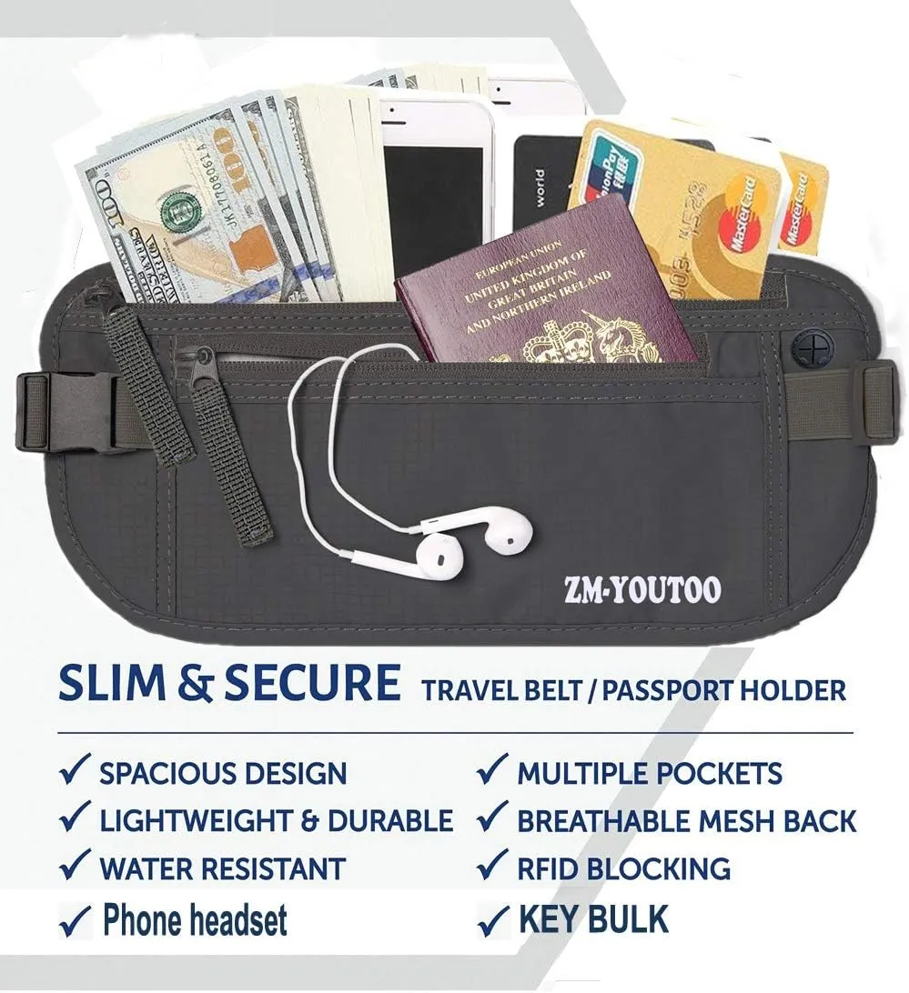 Money Belt for Travel - Hidden Travel Pouch Protect Your Credit and Money With RFID Blocking Passport Holder Waist Wallet (gray)
