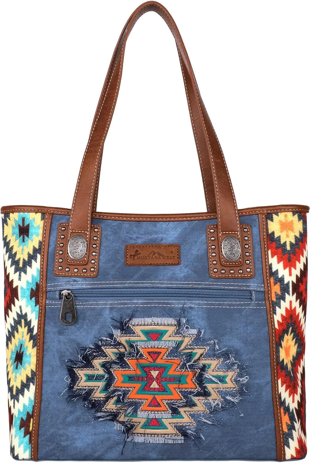 Montana West Embroidered Aztec Tote Bag for Women Western Jean Denim Collection Handbag