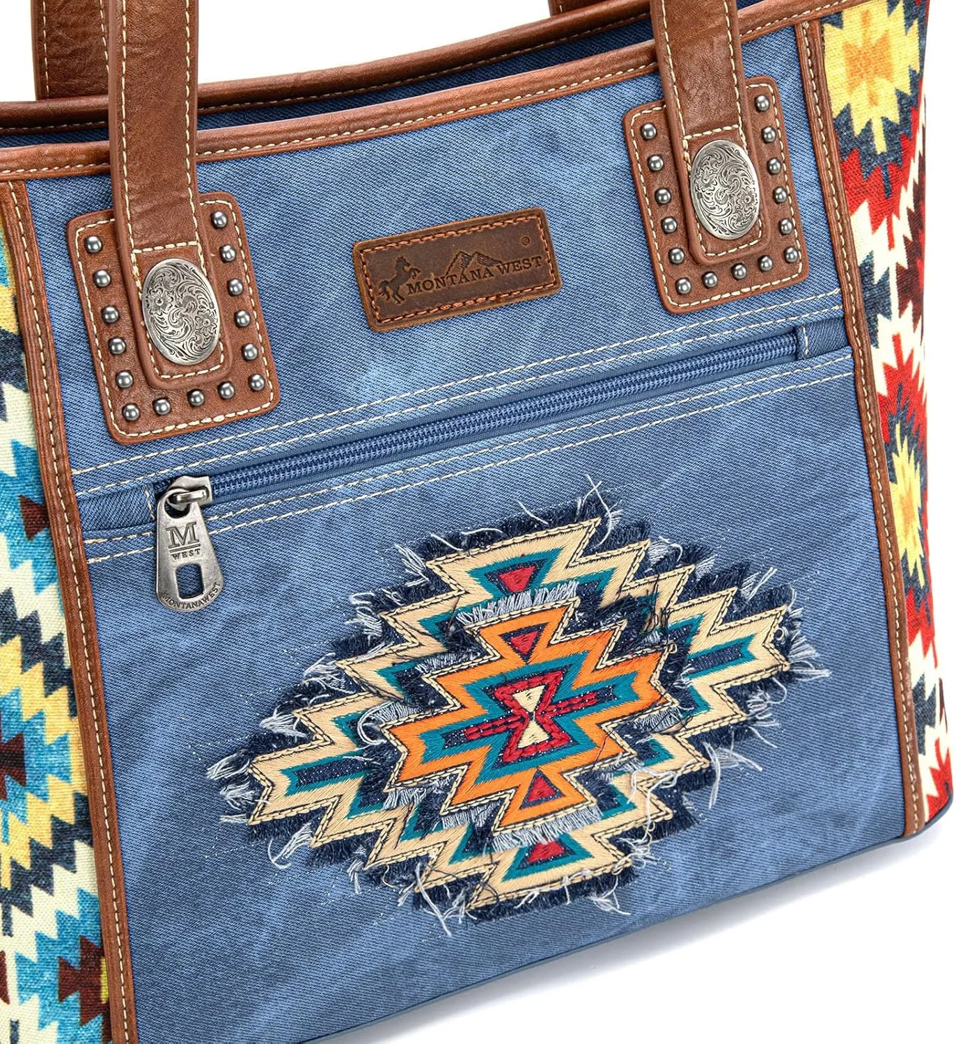Montana West Embroidered Aztec Tote Bag for Women Western Jean Denim Collection Handbag