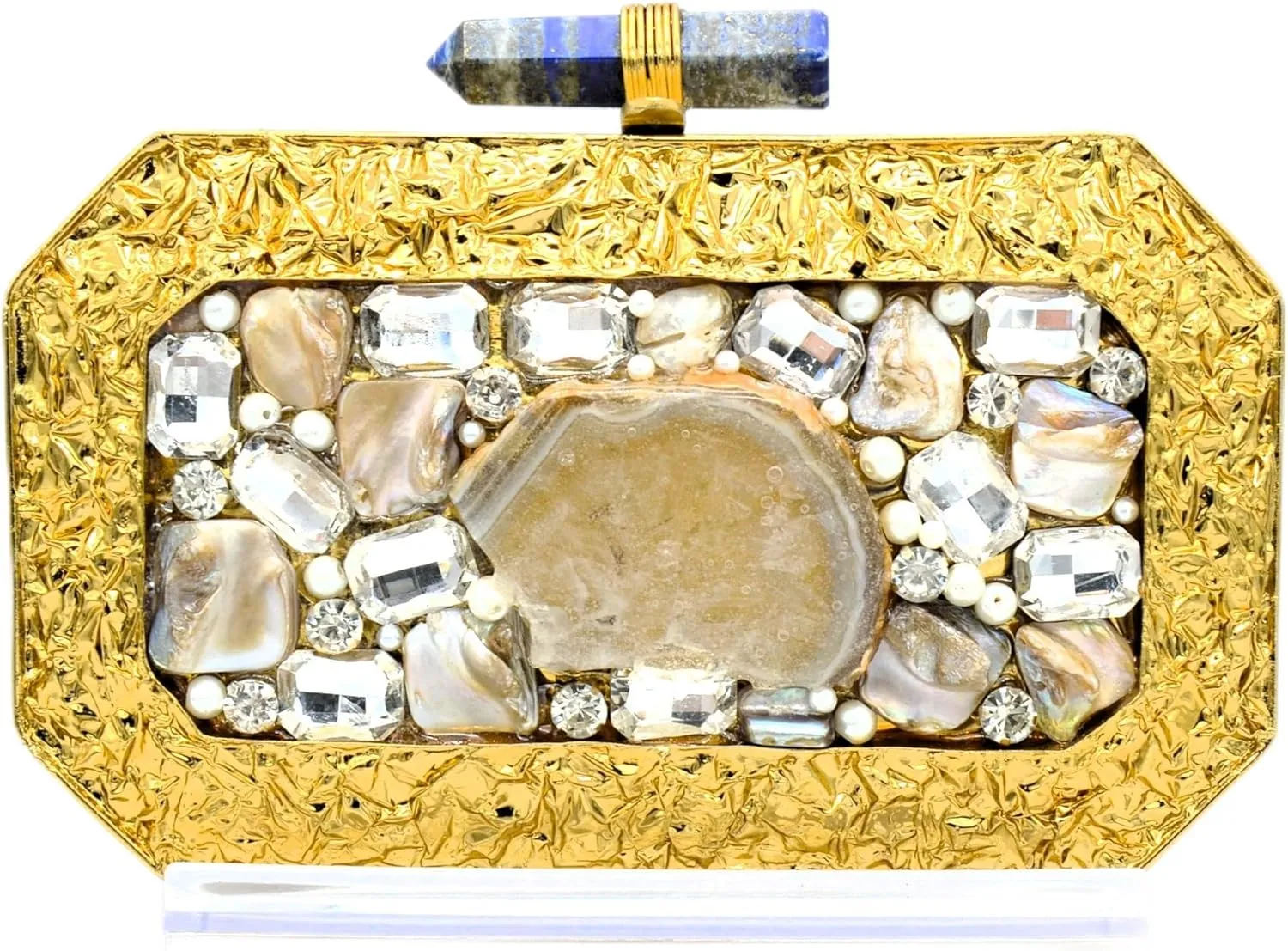 Mother of Pearl Embellished Gold Clutch with Gemstone Top Handle | Designer Brass Evening Bag with Pearl Chain & Velvet Lining | Elegant Party Purse for Women