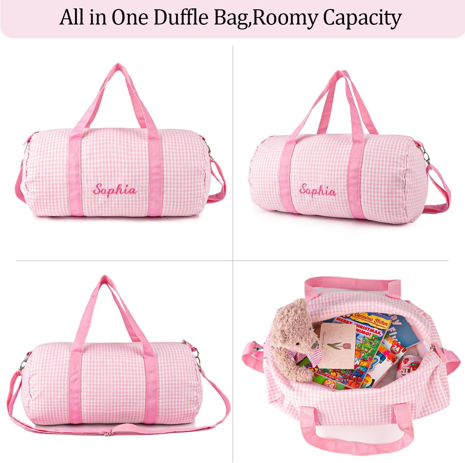 MT WORLD Girls Dance Bag Personalized Duffle Bags for Kids Monogram Seersucker Toddler Overnight Bag Travel Weekender Sleepover Bag with Removable Strap Custom Child Gift (Pink)