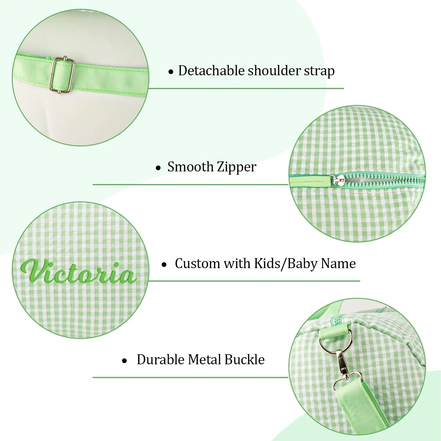 MT WORLD Kids Duffel Bag Personalized Dance Bag for Girls Monogram Seersucker Toddler Overnight Bag Travel Weekender Sleepover Bag with Removable Strap Custom Child Gift (Green)