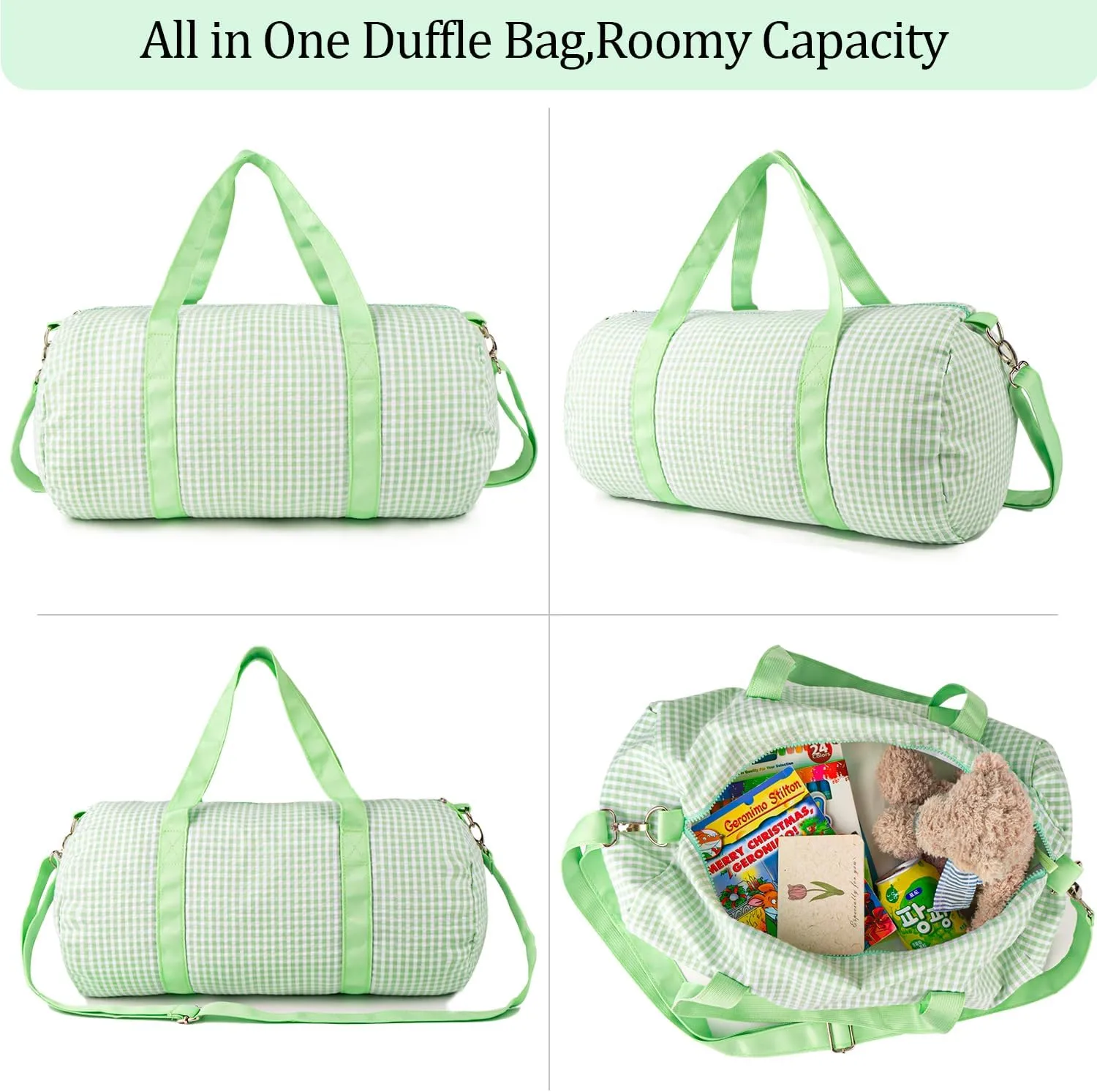 MT WORLD Kids Duffel Bag Personalized Dance Bag for Girls Monogram Seersucker Toddler Overnight Bag Travel Weekender Sleepover Bag with Removable Strap Custom Child Gift (Green)