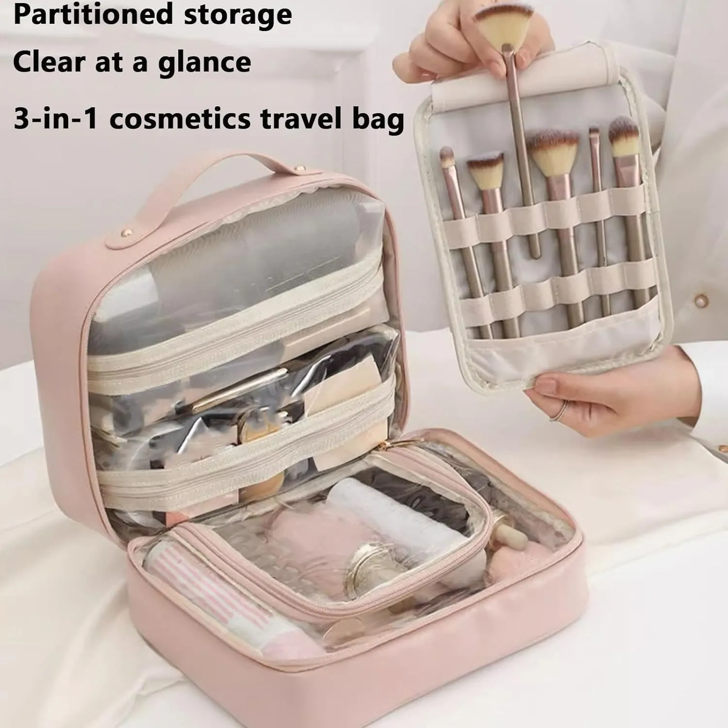 Multi-Compartment Toiletry Cosmetics Bag, Pu Leather Portable Storage Bag, Makeup Bag Large Travel Cosmetic Bags for Women (Brown)