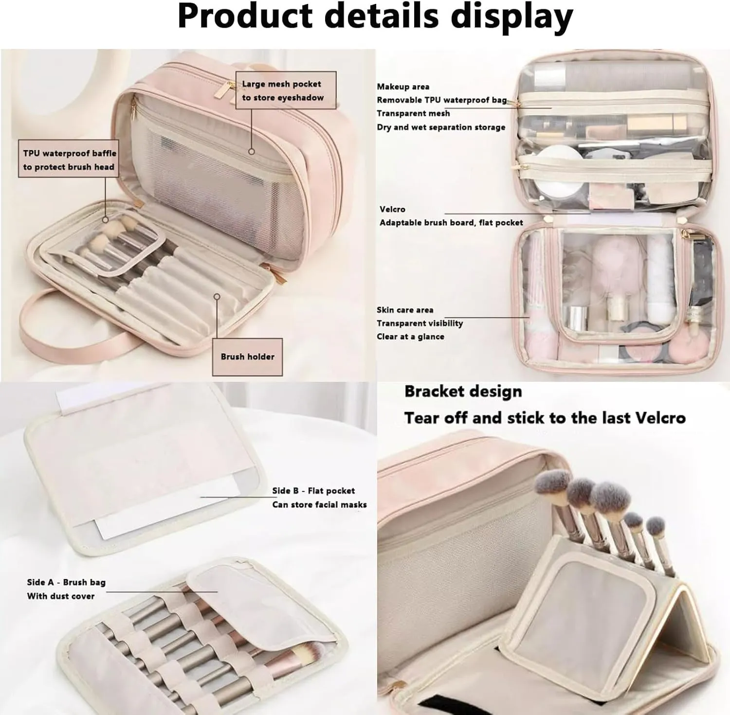 Multi-Compartment Toiletry Cosmetics Bag, Pu Leather Portable Storage Bag, Makeup Bag Large Travel Cosmetic Bags for Women (Brown)