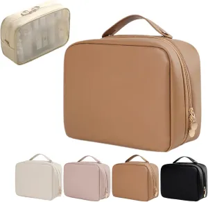 Multi-Compartment Toiletry Cosmetics Bag, Pu Leather Portable Storage Bag, Makeup Bag Large Travel Cosmetic Bags for Women (Brown)
