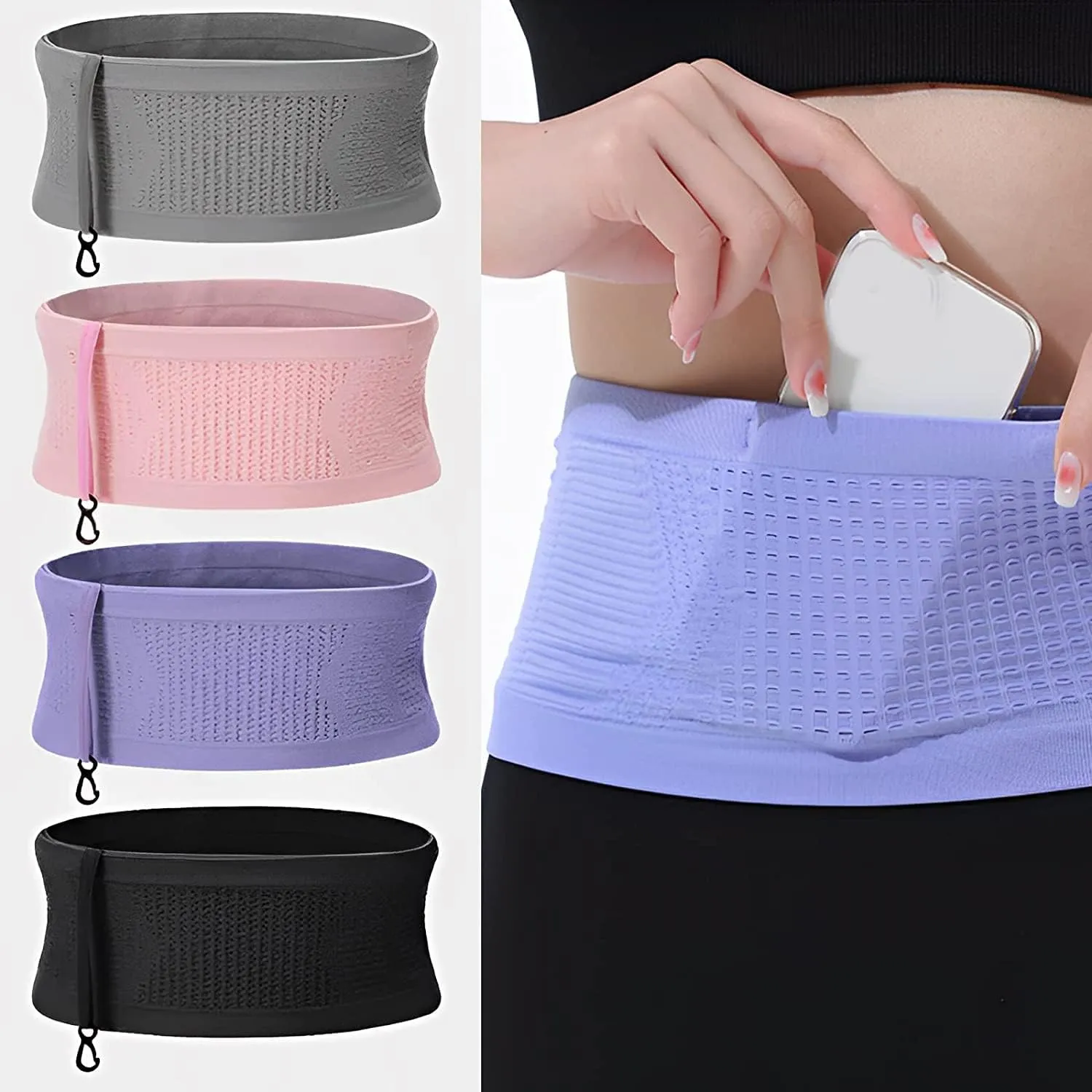 Multifunctional Knit Breathable Concealed Waist Bag, Universal Running Belt, Fitness and Running Fanny Pack for Men Women (Black Purple, S)