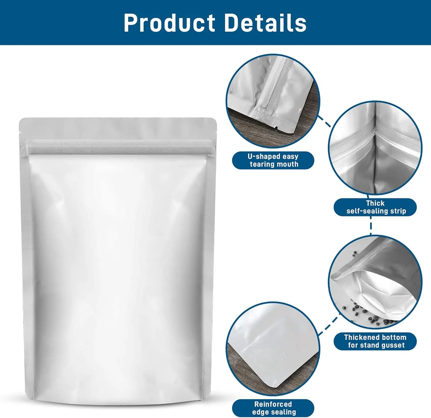 Mylar Bags for Food Storage 1 Gallon(9.44 Mil, 10"x 14") 50pcs Reusable Mylar Bags with Oxygen Absorber for Grains, Wheat, Rice, Legumes, Meat Long Term Food Storage (1 Gallon (10 * 14 Inch))