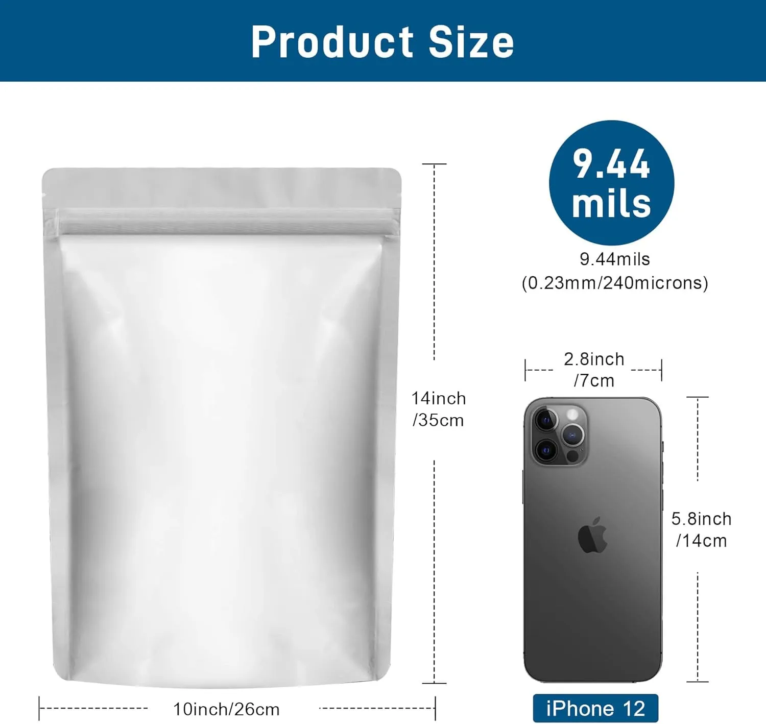 Mylar Bags for Food Storage 1 Gallon(9.44 Mil, 10"x 14") 50pcs Reusable Mylar Bags with Oxygen Absorber for Grains, Wheat, Rice, Legumes, Meat Long Term Food Storage (1 Gallon (10 * 14 Inch))