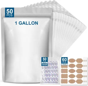 Mylar Bags for Food Storage 1 Gallon(9.44 Mil, 10"x 14") 50pcs Reusable Mylar Bags with Oxygen Absorber for Grains, Wheat, Rice, Legumes, Meat Long Term Food Storage (1 Gallon (10 * 14 Inch))