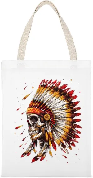 Native U.S. Chief Skull Printed Canvas Tote Bags Shoulder Bag Reusable Grocery Shopping Handbag DIY Gifts 14"x18"