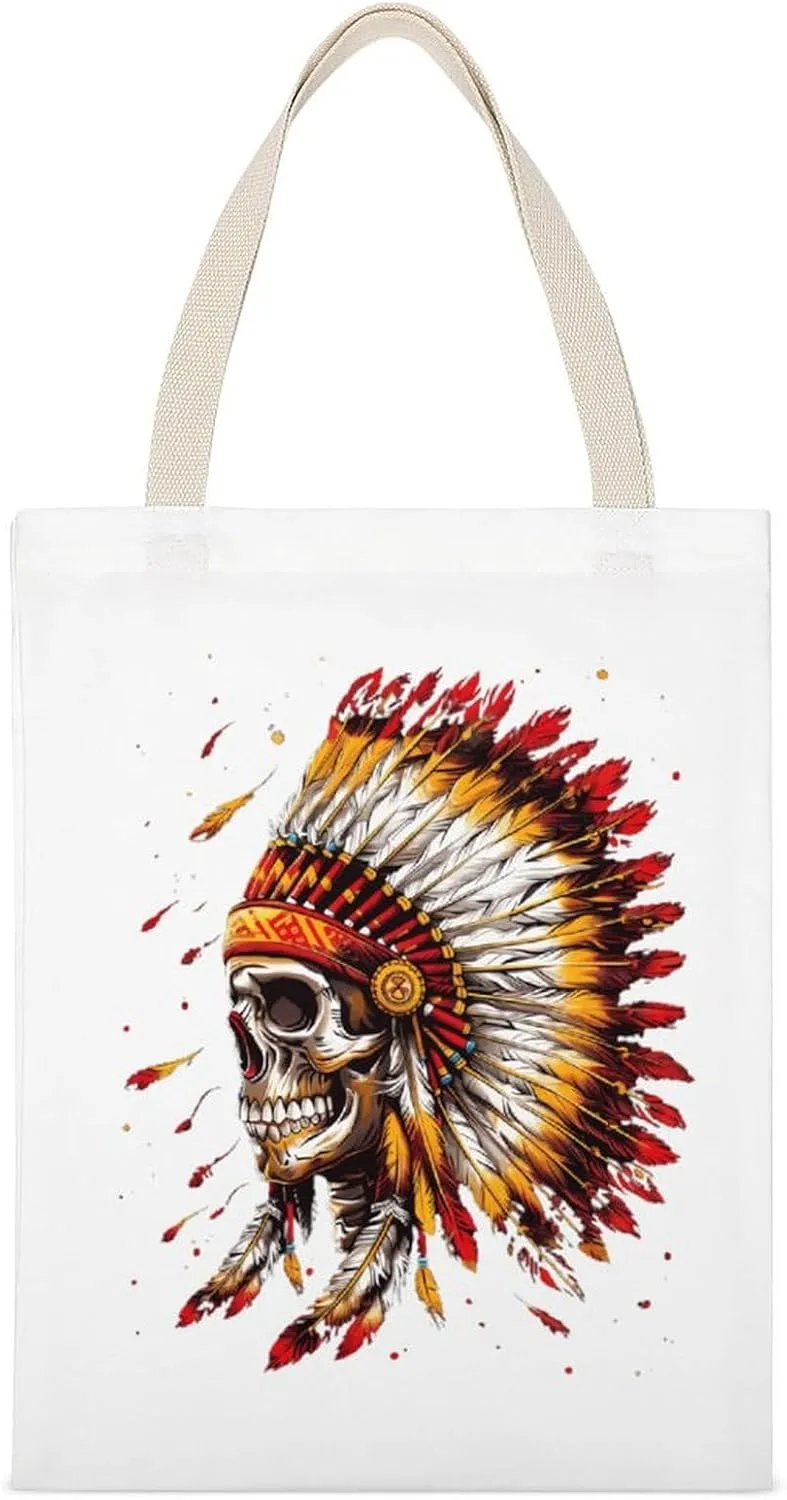 Native U.S. Chief Skull Printed Canvas Tote Bags Shoulder Bag Reusable Grocery Shopping Handbag DIY Gifts 14"x18"