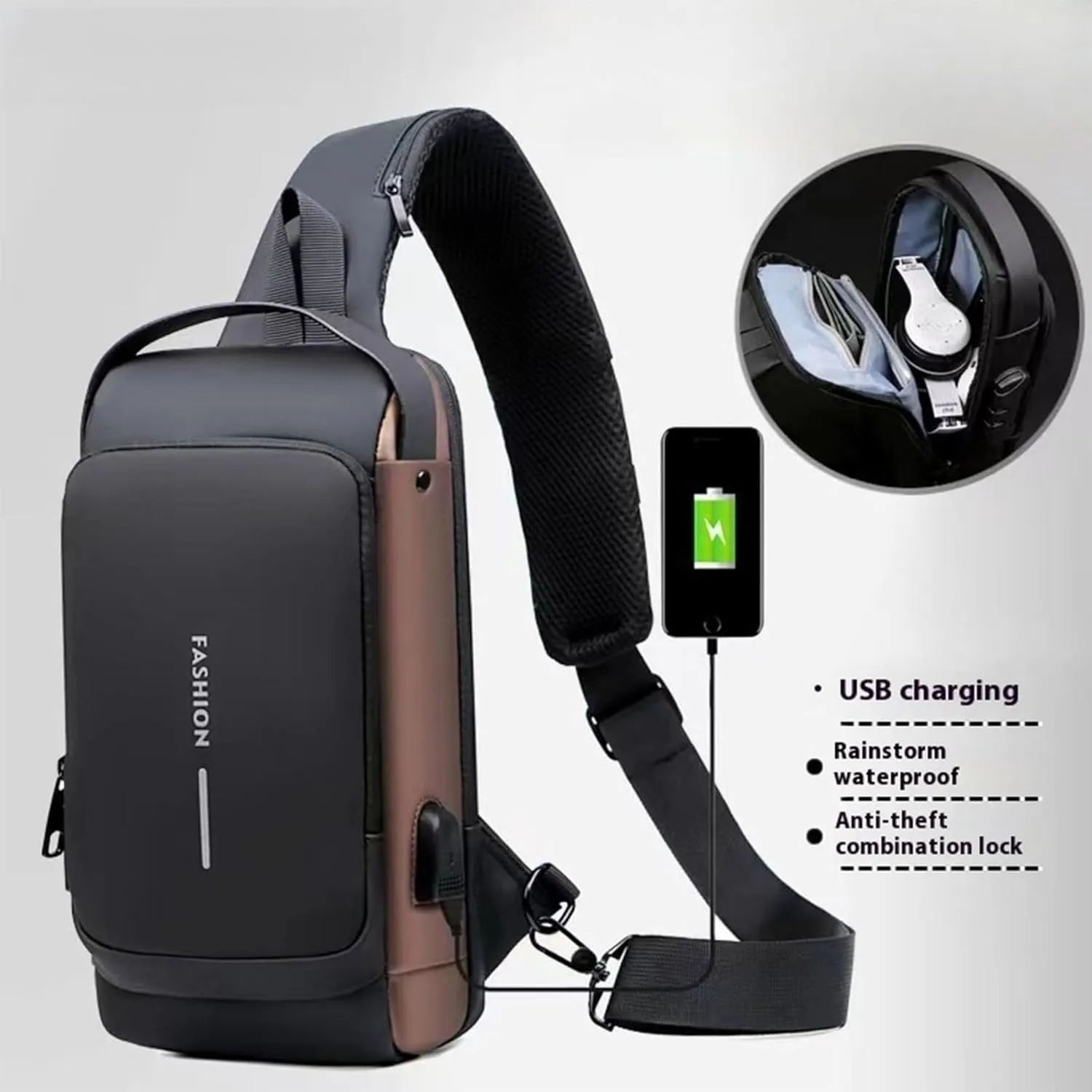 New Carbon Fiber Streamline Anti-Theft Sling Bag,USB charging port Sport Waterproof Shoulder Bag, for Daily Trips, Commutes (Grey)