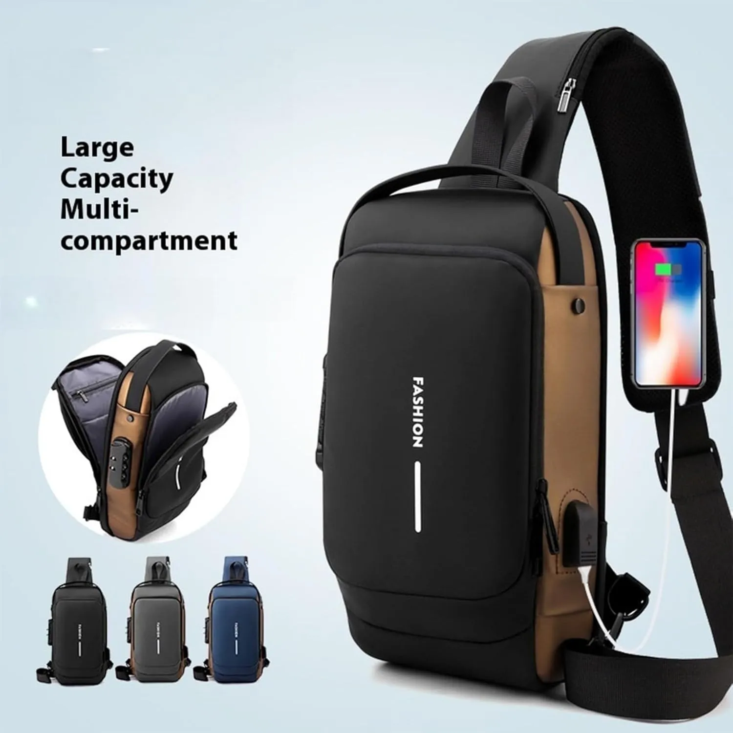 New Carbon Fiber Streamline Anti-Theft Sling Bag,USB charging port Sport Waterproof Shoulder Bag, for Daily Trips, Commutes (Grey)
