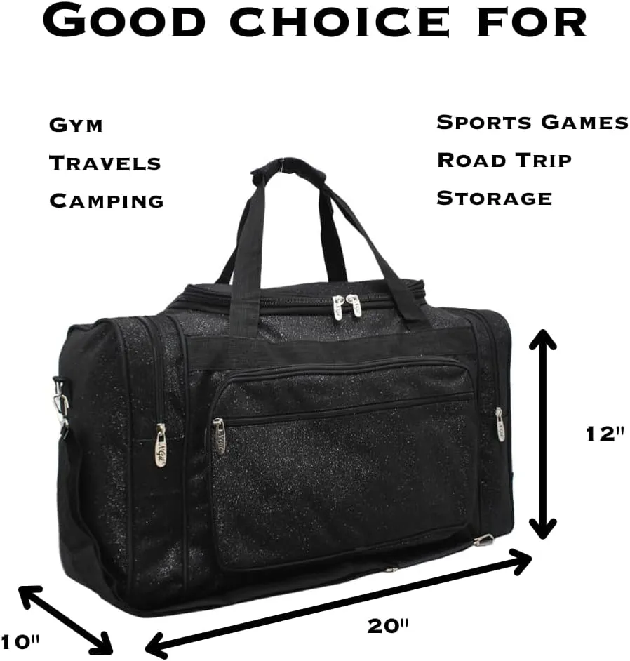 NGIL Glitter Canvas 20" inch Weekender Overnight Travel Carry-On Luggage Sports Gym Duffle Bag for Women (Black Glitter)