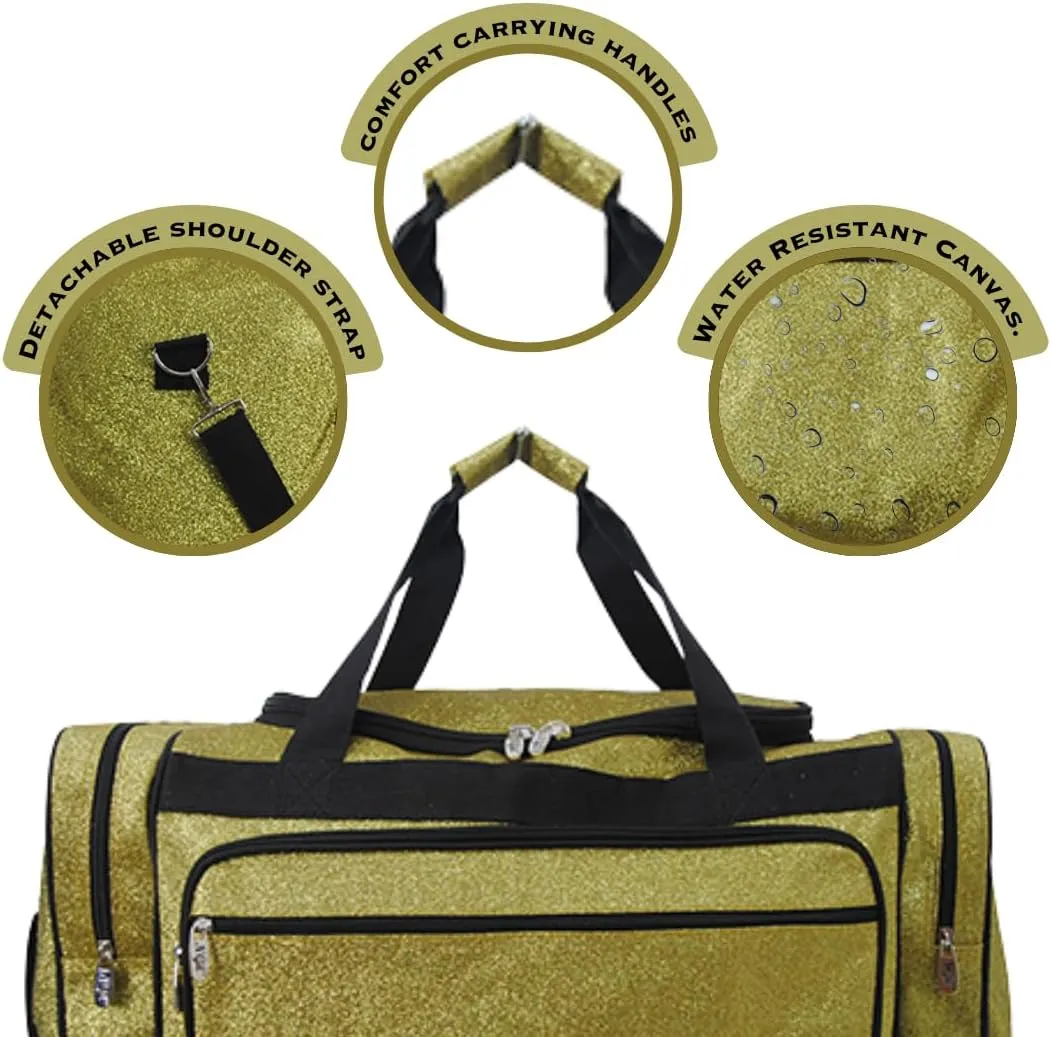 NGIL Glitter Canvas 20" inch Weekender Overnight Travel Carry-On Luggage Sports Gym Duffle Bag for Women (Gold Glitter)