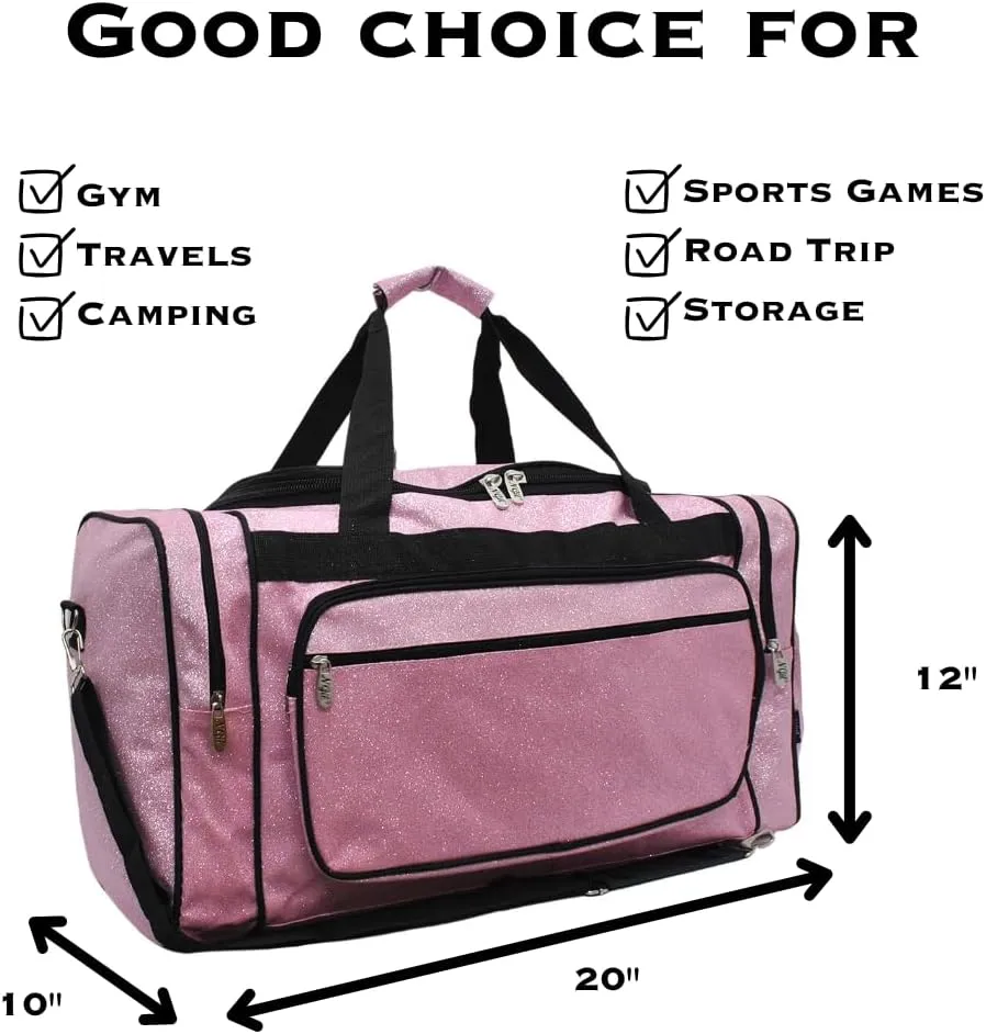 NGIL Glitter Canvas 20" inch Weekender Overnight Travel Carry-On Luggage Sports Gym Duffle Bag for Women (Pink Glitter)