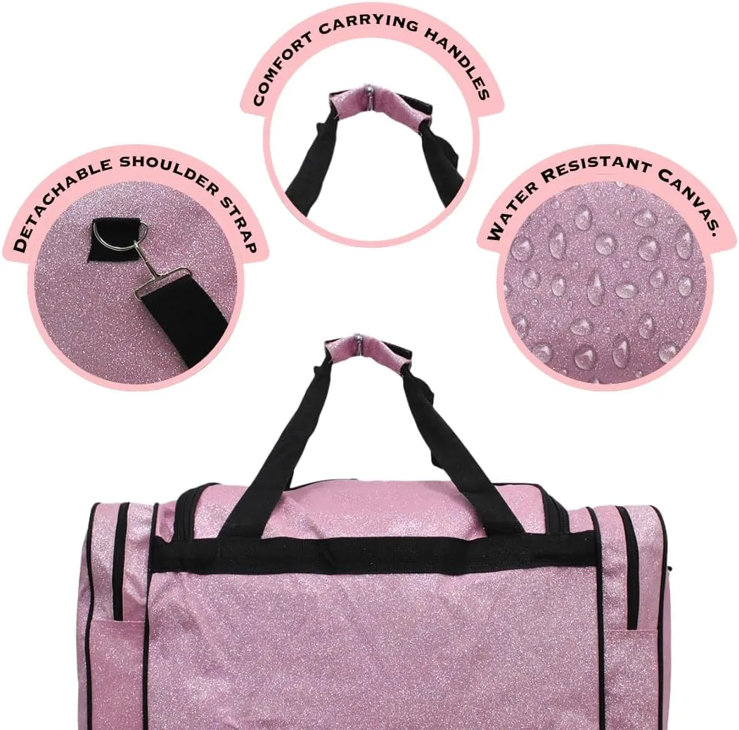 NGIL Glitter Canvas 20" inch Weekender Overnight Travel Carry-On Luggage Sports Gym Duffle Bag for Women (Pink Glitter)