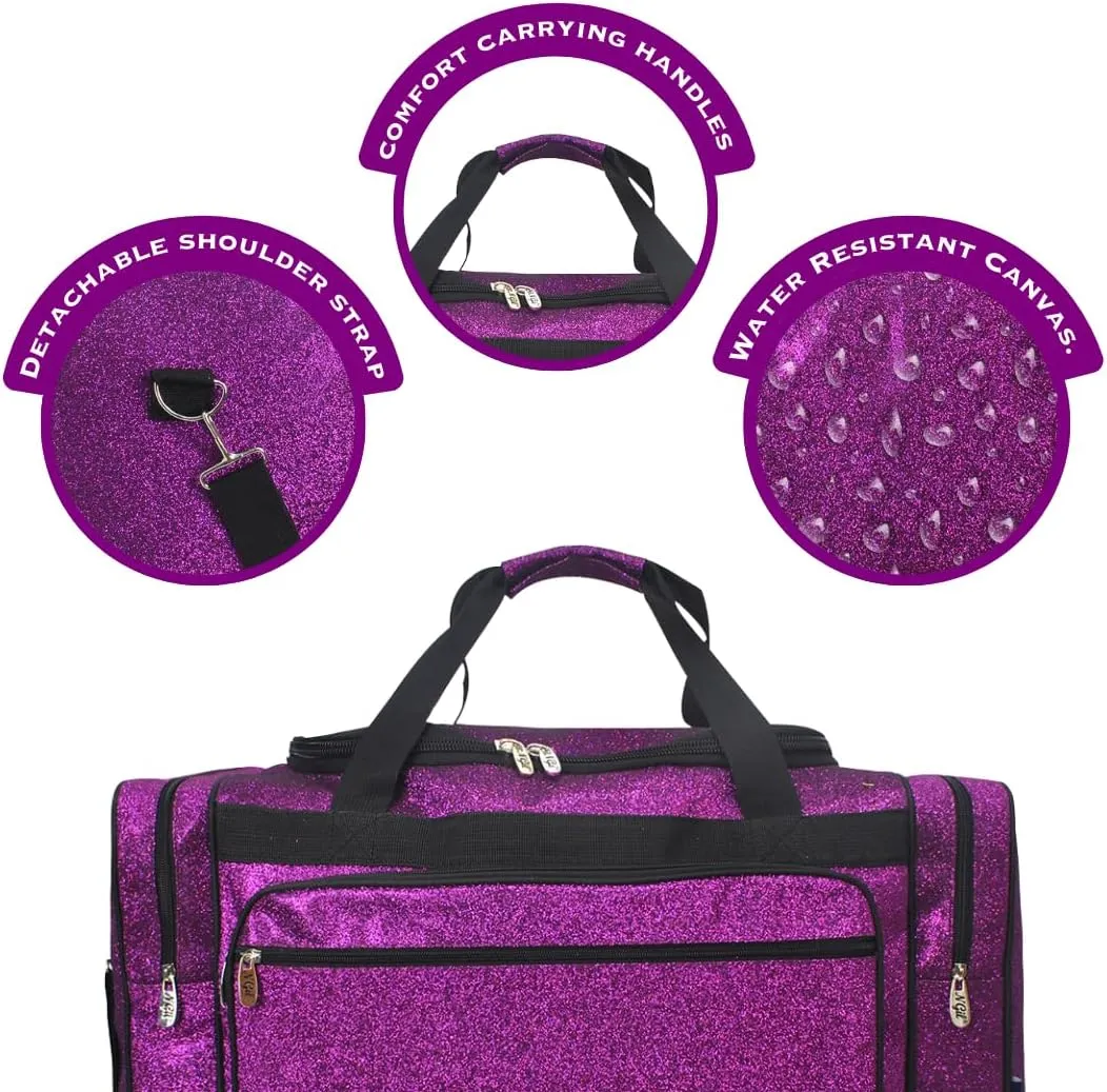 NGIL Glitter Canvas 20" inch Weekender Overnight Travel Carry-On Luggage Sports Gym Duffle Bag for Women (Purple Glitter)