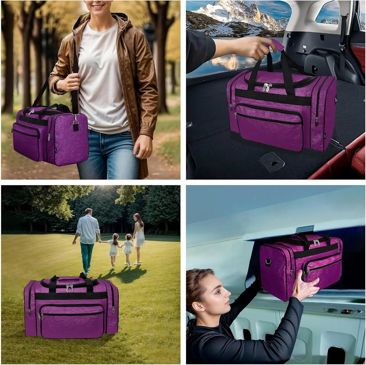 NGIL Glitter Canvas 20" inch Weekender Overnight Travel Carry-On Luggage Sports Gym Duffle Bag for Women (Purple Glitter)