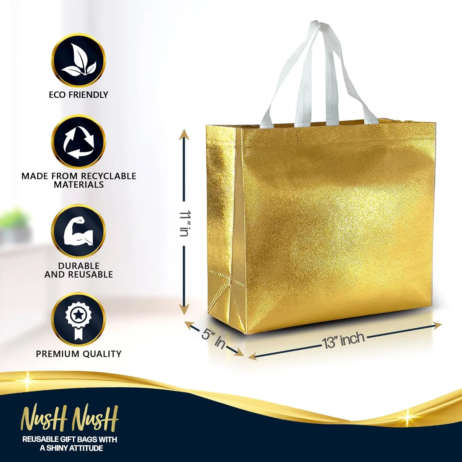 Nush Nush Set of 30 Gold Gift Bags in Bulk - Reusable Shiny Gold Gift Bags With Handles - Perfect For Small Business Use, Christmas, Birthdays, Events, Party Favors, Weddings, Holiday- 13Wx5Dx11H Size