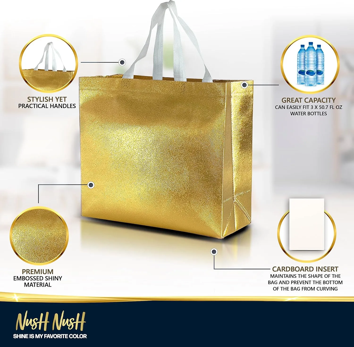 Nush Nush Set of 30 Gold Gift Bags in Bulk - Reusable Shiny Gold Gift Bags With Handles - Perfect For Small Business Use, Christmas, Birthdays, Events, Party Favors, Weddings, Holiday- 13Wx5Dx11H Size