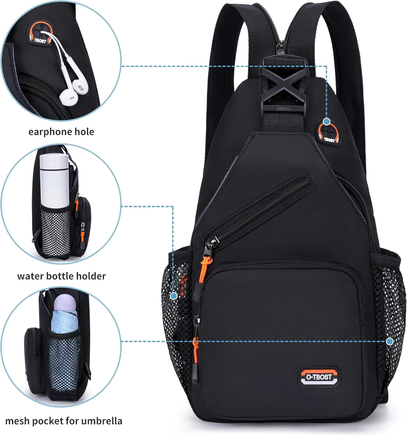 O-TBOST Travel Small Sling Bag Crossbody Bags for Women Men Casual Backpack Cross Body Pack Daypack for Hiking and Biking (black)