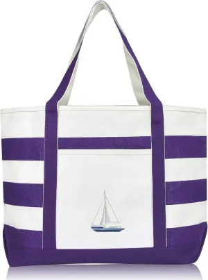 Ocean Sailboat Womens Embroidered Striped Beach Tote Bag Cotton