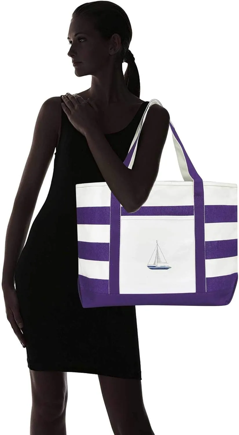 Ocean Sailboat Womens Embroidered Striped Beach Tote Bag Cotton